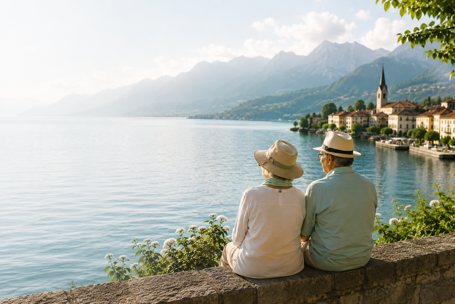 Senior couple enjoying a lake view